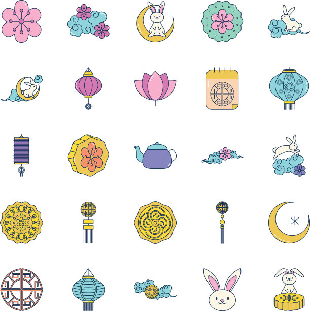 中秋和卡通兔子的图标设置线填充图片下载