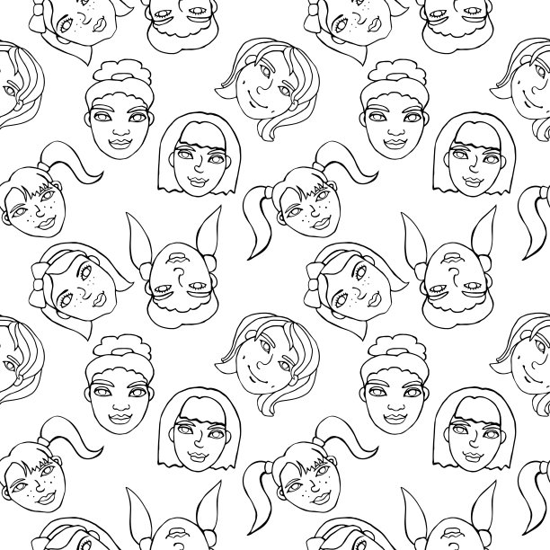 无缝图案与卡通人脸矢量人。手绘线条艺术插图。轮廓涂鸦头的女人，女孩。纹理背景下图片下载