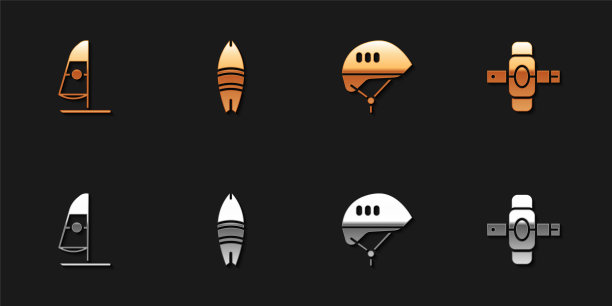 设置风帆冲浪，冲浪板，自行车头盔和膝盖垫图标。向量图片下载