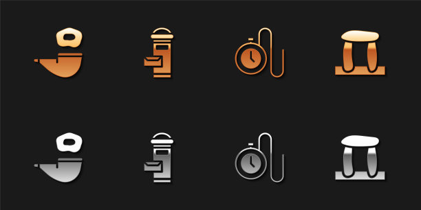 烟斗，伦敦邮箱，手表链和巨石阵图标。向量图片下载