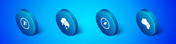 设置等距华氏度，指南针，云与雨和闪电图标。向量图片下载