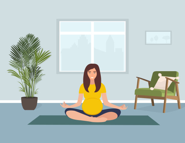 孕妇健身概念。一个穿着黄色和蓝色衣服的孕妇在家里的垫子上做简单的运动的简单图像图片下载