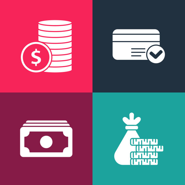 设置流行艺术钱袋和硬币，堆放纸币现金，信用卡和硬币与美元图标。向量图片下载