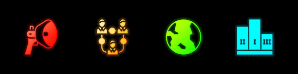 设置扩音器，项目团队基地，地球和奖项超过获奖者的领奖台图标。向量图片下载