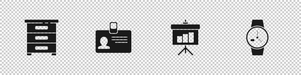 设置抽屉与文件，身份徽章，黑板图和腕表图标。向量图片下载