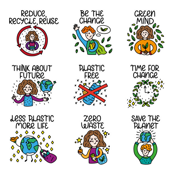 彩色矢量图标设置与手绘字母。“零浪费”的文化。矢量模板的卡片，明信片，横幅，海报，贴纸和社会媒体图片下载