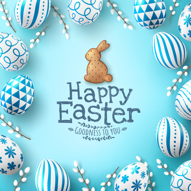 复活节海报和横幅模板与复活节彩蛋和可爱的兔子饼干在浅绿色的背景。问候和礼物复活节平躺造型。复活节促销及购物模板图片下载