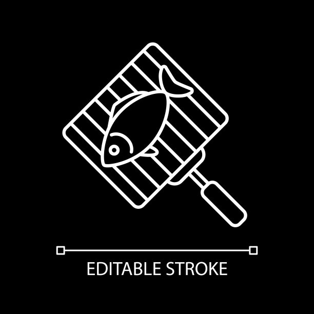 鱼在烧烤格栅白色线性图标为黑暗主题图片下载