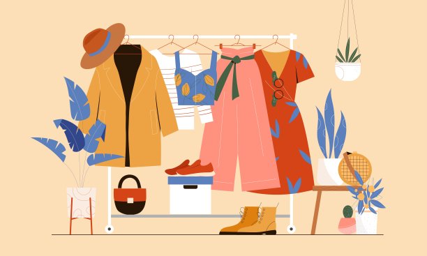 衣架、衣架、陈列室和服装组织理念。衣服，衣架，鞋子，包。图片下载