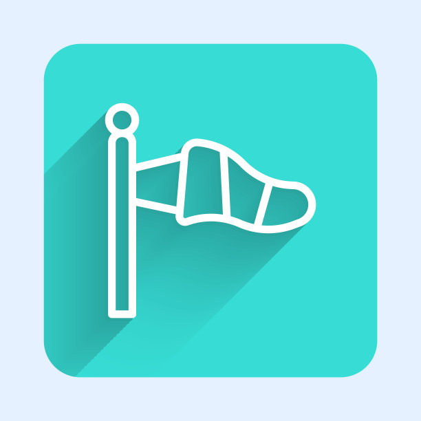 白线圆锥气象学风向标志风标孤立与长阴影。风向标指示风向和风力。绿色广场按钮。向量图片下载