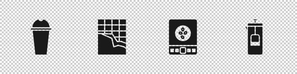 设置奶昔，巧克力棒，电子咖啡秤和法式压印图标。向量图片下载