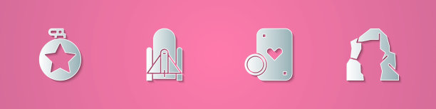 设置剪纸水壶水壶，火箭发射从太空港，赌场芯片和扑克牌和大峡谷图标。纸艺术风格。向量图片下载