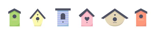 一套鸟的房子，筑巢箱，为不同的鸟的八哥箱。鸟类护理。可爱的矢量图。图片下载