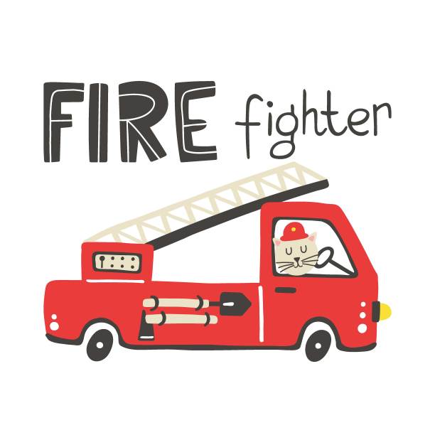 消防员打印。刻有字的消防车。宝贝男孩手绘海报，时尚斯堪的纳维亚风格儿童收藏，纺织印花和幼儿园装饰卡通矢量孤立插画图片下载