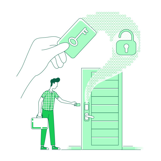 智能钥匙卡锁技术细线概念矢量插图。男子打开酒店房间的门与电子钥匙2D卡通人物为网页设计。无钥匙系统创意图片下载