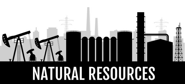 自然资源黑色剪影旗帜矢量模板。天然气和石油工业水平海报单色设计。陆上石油钻井平台，炼油厂2d卡通形状与版式图片下载