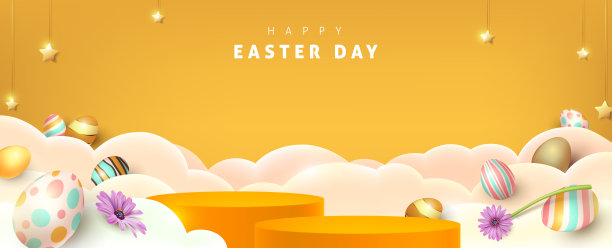 复活节快乐横幅用产品展示圆柱形和节日装饰图片下载