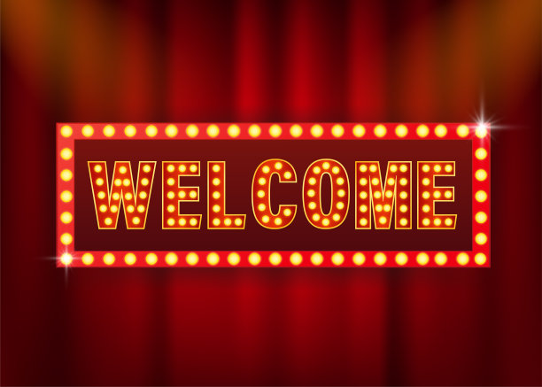 紫色背景下的复古横幅欢迎。光的效果。明亮的恒星。矢量设计横幅。游戏的迹象。图片下载