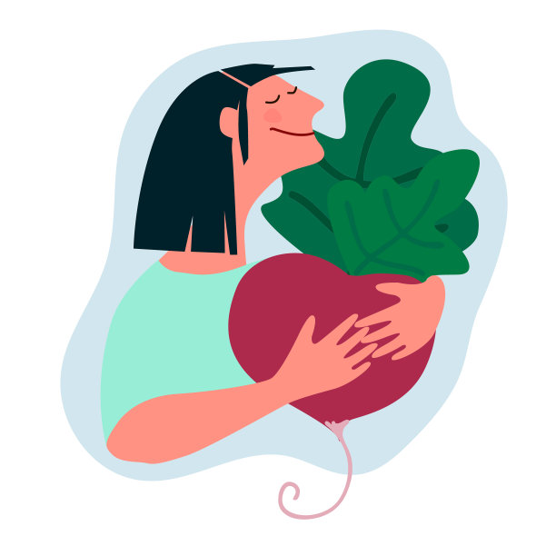 快乐的女人拿着巨大的甜菜根。平面风格的矢量插图。收获，新鲜蔬菜，农业旅游理念图片下载