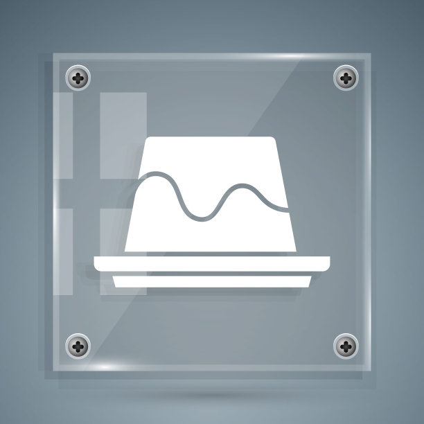 白布丁蛋奶冻与焦糖釉图标孤立在灰色背景。方形玻璃面板。向量图片下载