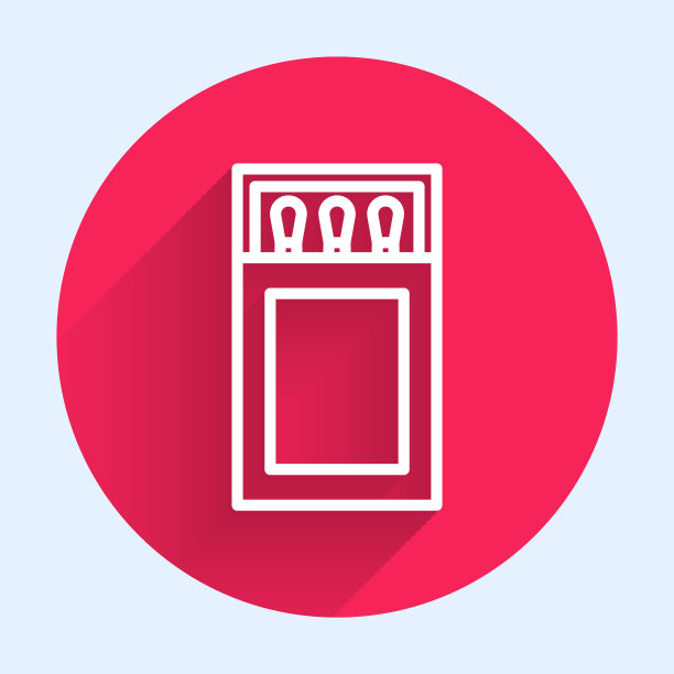 打开火柴盒和火柴图标隔离与长阴影。红色圆圈按钮。向量图片下载