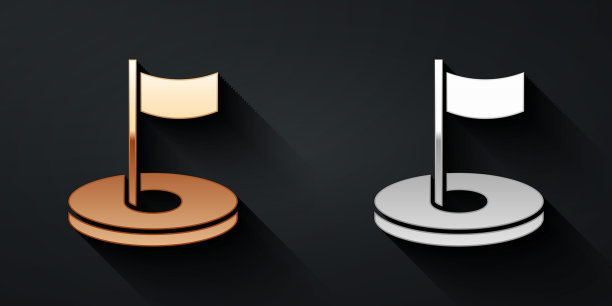 金色和银色高尔夫球洞与旗帜图标孤立在黑色背景。长长的阴影风格。向量图片下载