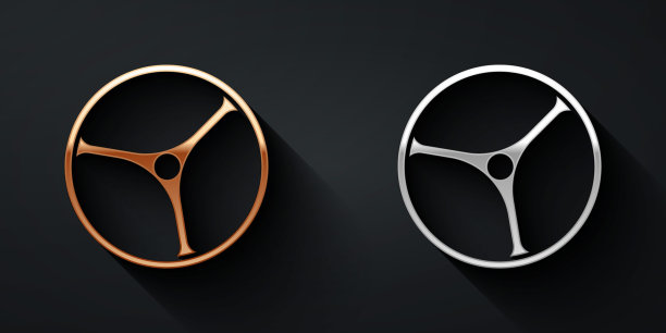 金色和银色自行车车轮图标孤立在黑色背景。自行车比赛。极限运动。运动设备。长长的阴影风格。向量图片下载