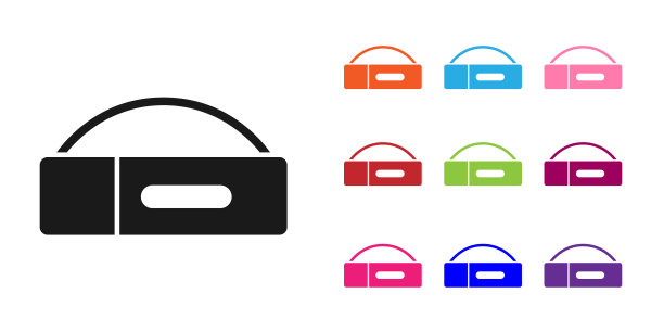 黑色箱子台球杆图标孤立在白色背景上。设置图标丰富多彩。向量图片下载