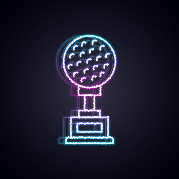 发光的霓虹灯线奖杯与高尔夫图标孤立在黑色背景。冠军奖杯的象征。冠军或比赛奖杯。体育成就的迹象。向量图片下载