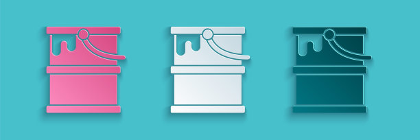 剪纸油漆桶图标隔离在蓝色背景。纸艺术风格。向量图片下载