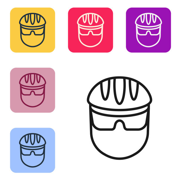 黑色线自行车头盔图标孤立在白色背景。极限运动。运动设备。设置图标的颜色方形按钮。向量图片下载