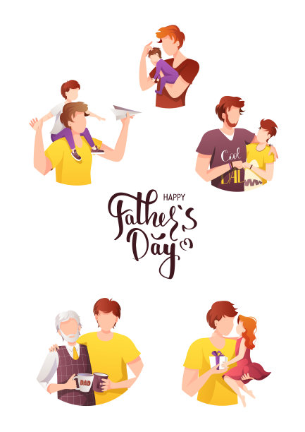 祝您父亲节快乐。父亲和不同年龄的孩子。书法和手绘字体。图片下载