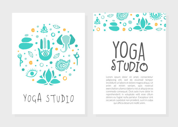 瑜伽工作室名片的正面和背面，阿育吠陀，传统医学，冥想班，精神实践手绘矢量插图图片下载