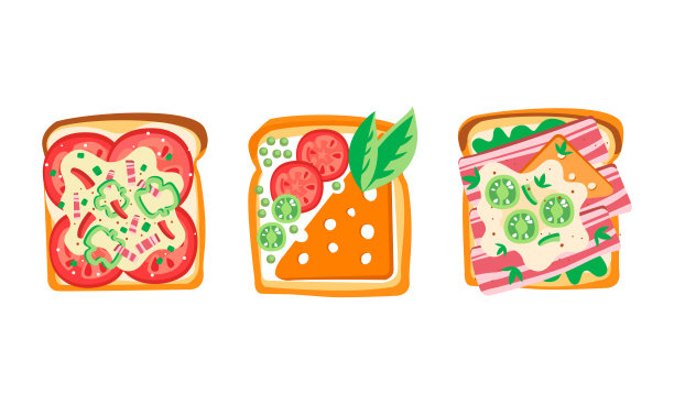 一套吐司面包与不同的健康配料，三明治与番茄，奶酪，培根和黄瓜俯视图平面矢量插图图片下载