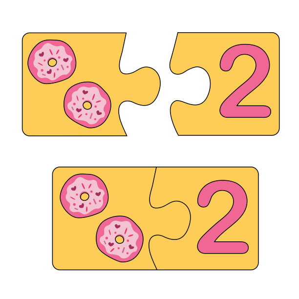 儿童教育游戏。为数字找到正确的图片。2号和甜甜圈的拼图。马赛克拼图游戏。类型数据图片下载
