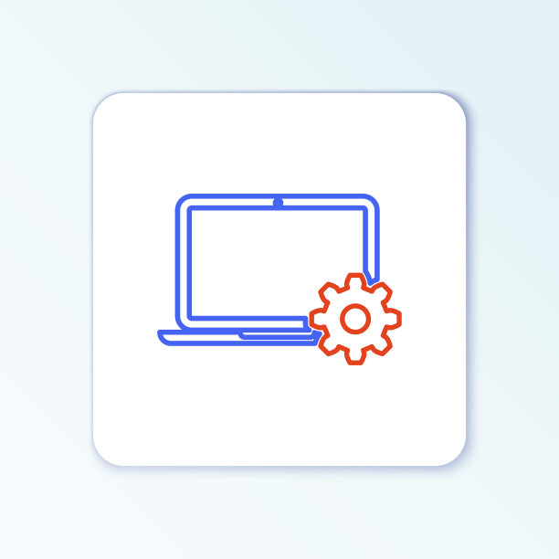线笔记本电脑和齿轮图标隔离在白色背景。调整、维修、设置、维护、修理、固定。色彩斑斓的轮廓的概念。向量图片下载