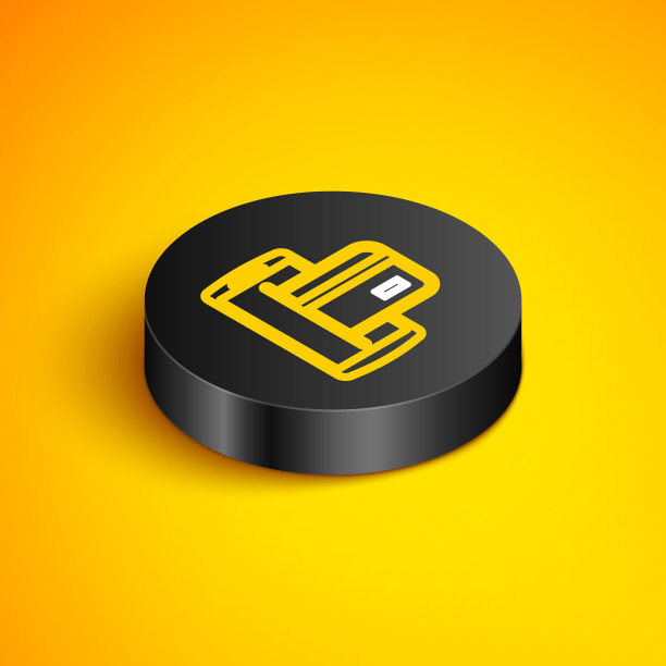 等距线NFC支付图标隔离在黄色背景上。移动支付。NFC智能手机的概念。转移图标。黑色圆按钮。向量图片下载