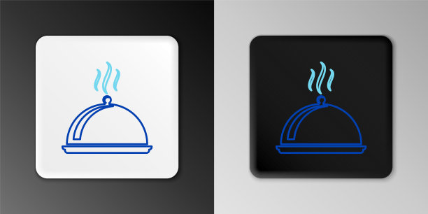 用灰色背景上孤立的食物图标覆盖托盘。托盘和盖子。带有盖子的餐厅钟摆。厨房用具的象征。色彩斑斓的轮廓的概念。向量图片下载