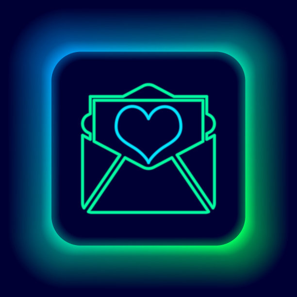 发光的霓虹线信封与情人节心形图标孤立在黑色的背景。信上写着爱和浪漫。色彩斑斓的轮廓的概念。向量图片下载