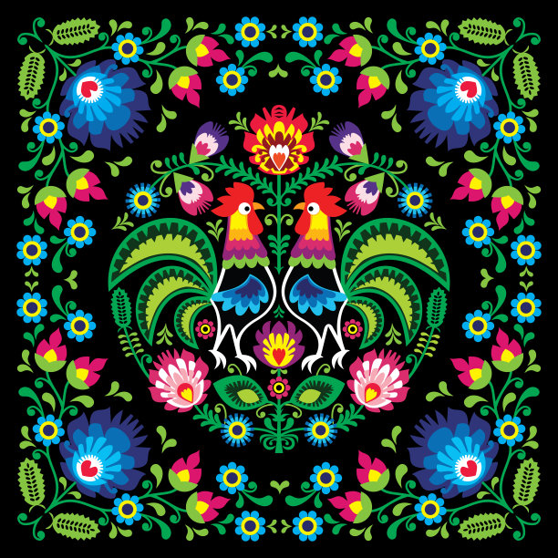 波兰复古民间艺术方形矢量图案公鸡和花- wzory lowickie, wycinanki在黑色背景图片下载