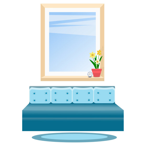 一件家具。窗户，沙发，时钟，室内花，地毯。图片下载