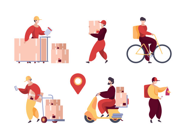 送货服务。专业投递人物仓库工人邮差用花哨的包裹和运输矢量平程式化的人图片下载