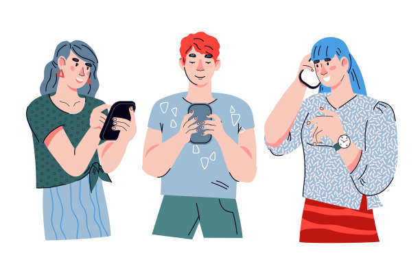 不同的人拿着智能手机。平面风格矢量插图。图片下载