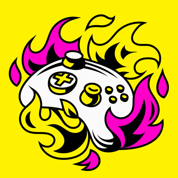 黄色背景上带有火焰标志的矢量游戏操纵杆。图片下载