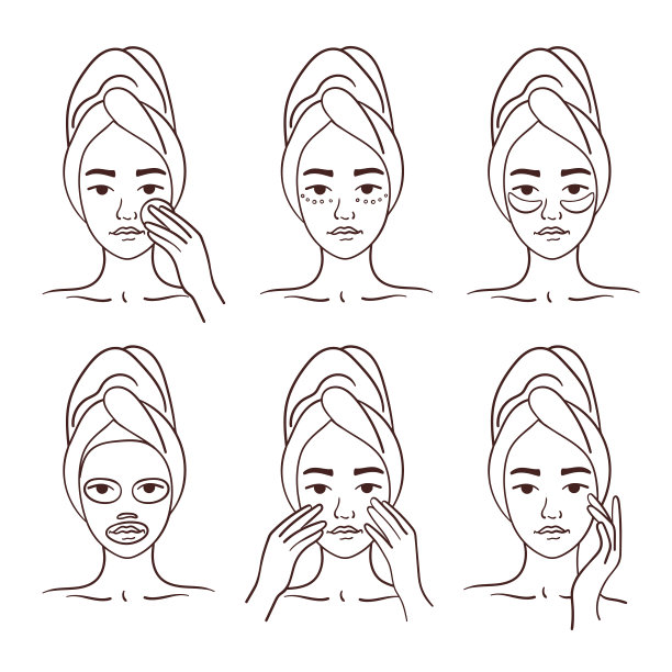 一个年轻的女孩用各种方法照顾她的脸。日常皮肤护理。面膜、面霜、贴片、按摩、乳液、滋补品。干净健康的皮肤。矢量图集图片下载