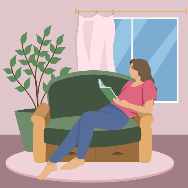 这个女孩正坐在家里看书。家庭内部。隔离距离学习时期。这个女孩忙于自我发展。矢量图图片下载