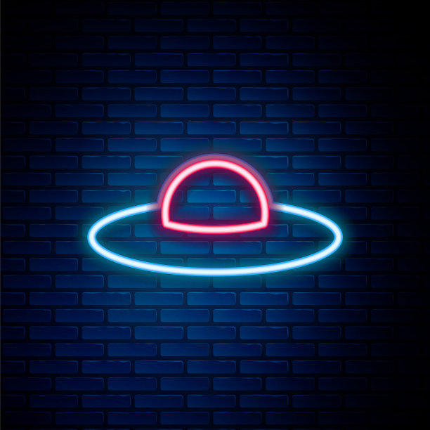 发光的霓虹灯线UFO飞行飞船图标孤立在砖墙的背景。飞碟。外星人的宇宙飞船。未来未知飞行物。色彩斑斓的轮廓的概念。向量图片下载