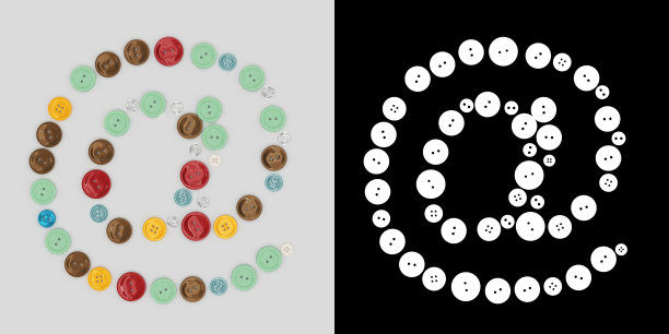 缝纫按钮AT符号。来自按钮的符号。按钮的来信。字体的按钮。在白色的背景上。三维图像图片下载