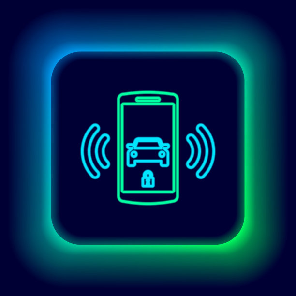 发光的霓虹灯线智能汽车报警系统图标隔离在黑色背景。智能手机通过无线控制汽车安全。色彩斑斓的轮廓的概念。向量图片下载