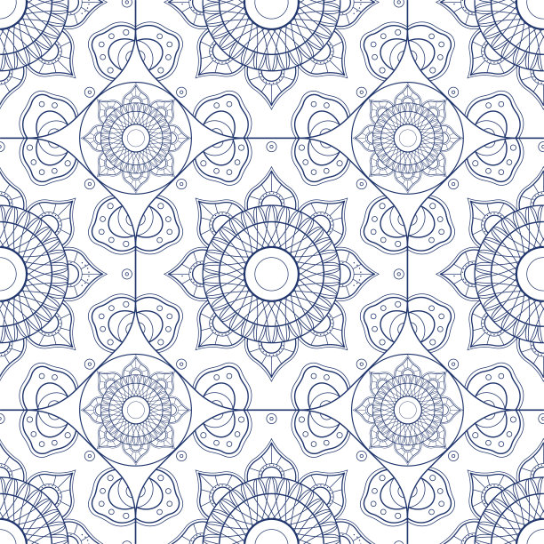 曼荼罗无缝模式向量。一种对称的圆形蓝色装饰品。图片下载